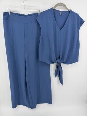 Linen blend two-piece set,tie-front top and wide-leg cropped pants